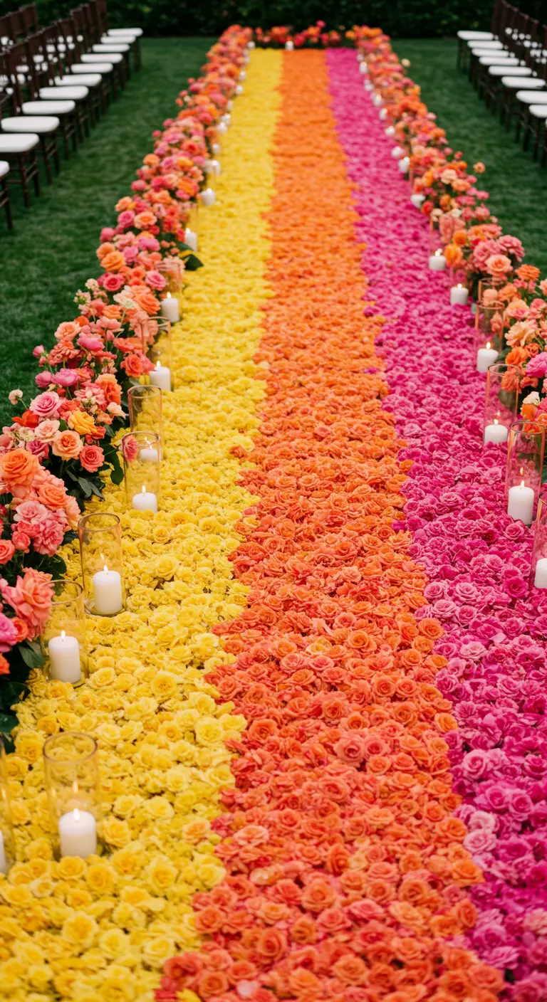 A lawn aisle covered in an ombre carpet of pink, orange, and yellow petals.