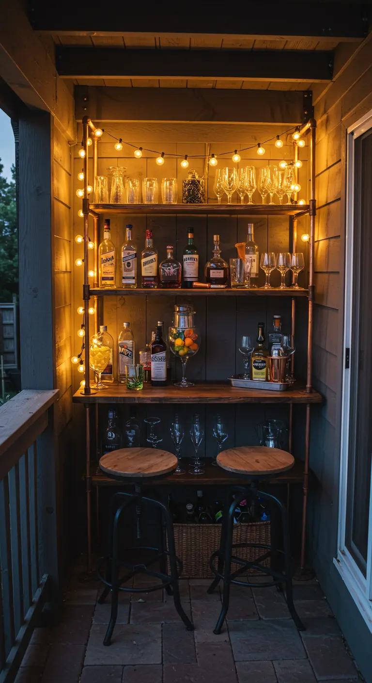 A multi-tiered shelving unit made of copper pipes and wood, styled as an outdoor bar.