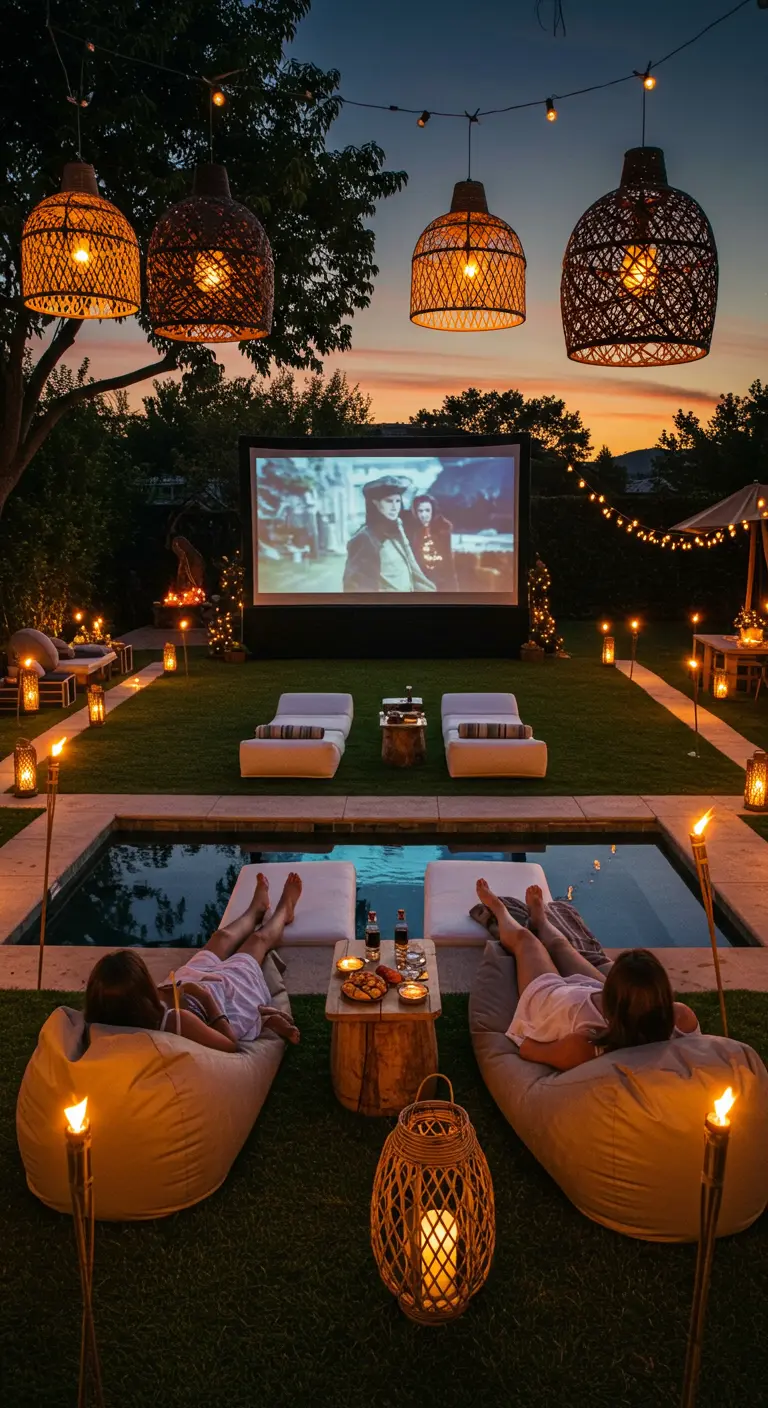 Outdoor movie night with a big screen, beanbags, tiki torches, and rattan lights.