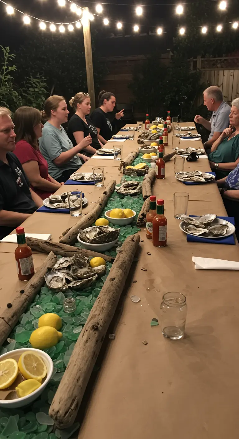 A long table set for an oyster roast with kraft paper and driftwood.