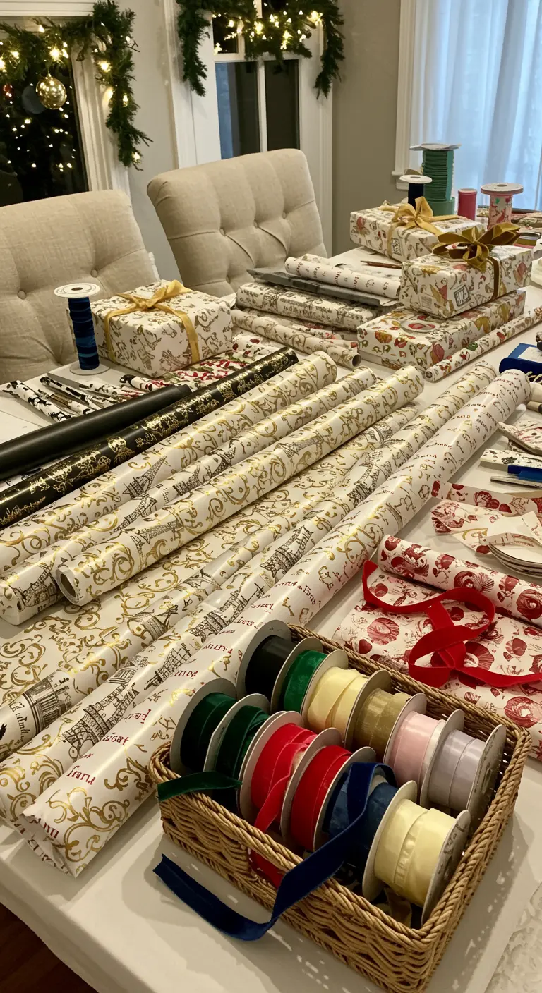 A gift-wrapping station with Parisian-themed paper and spools of colorful velvet ribbon