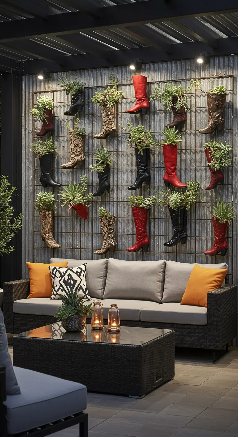 A collection of boot planters on a metal wall behind a modern outdoor sofa.