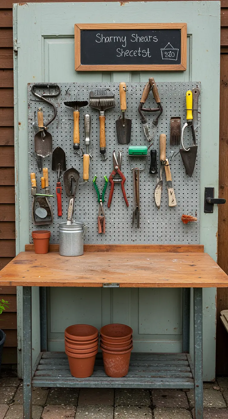 A potting station featuring a large pegboard with a variety of neatly organized garden tools.