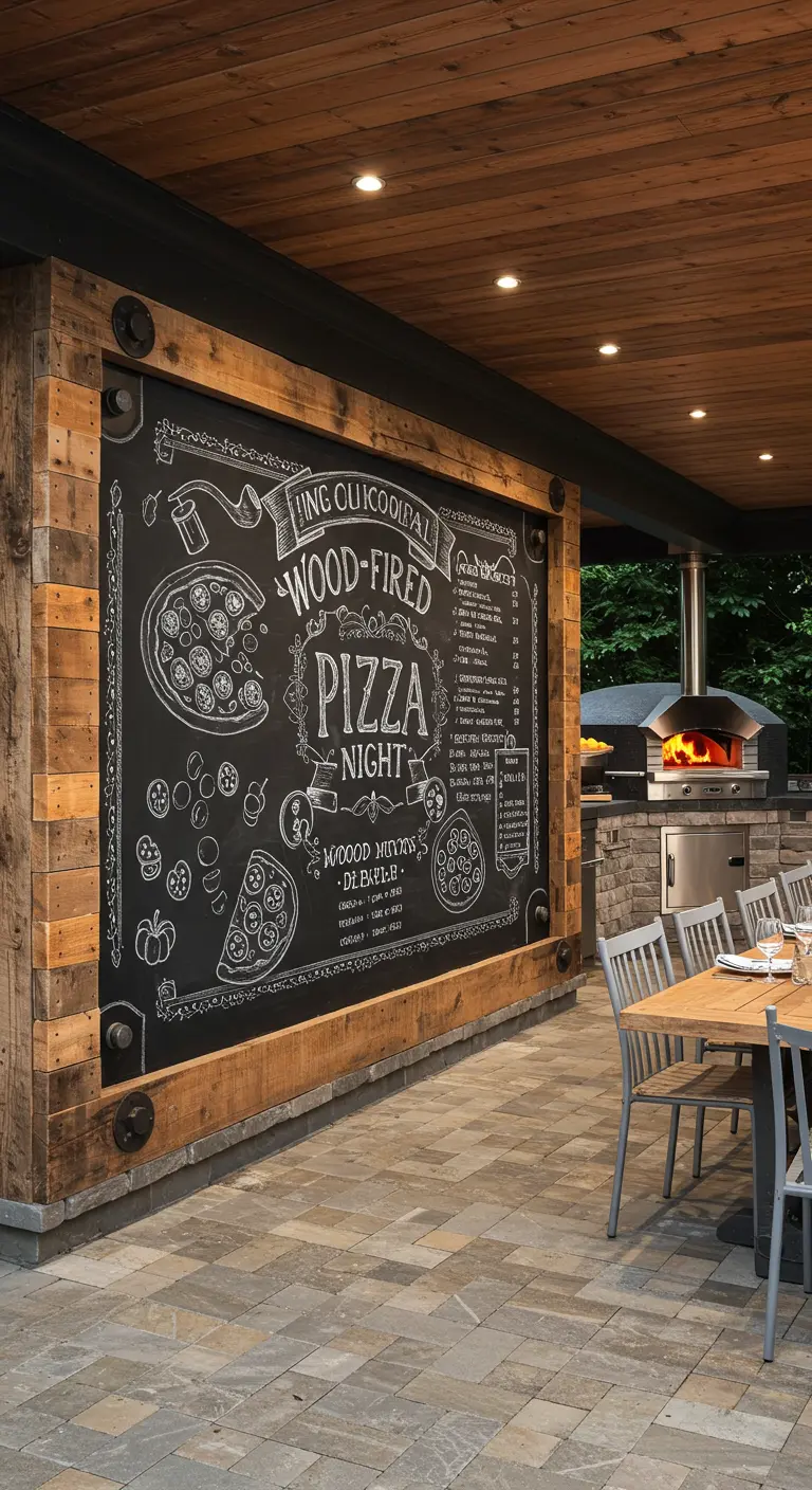 A very large chalkboard pizza menu with a heavy-duty wood frame.