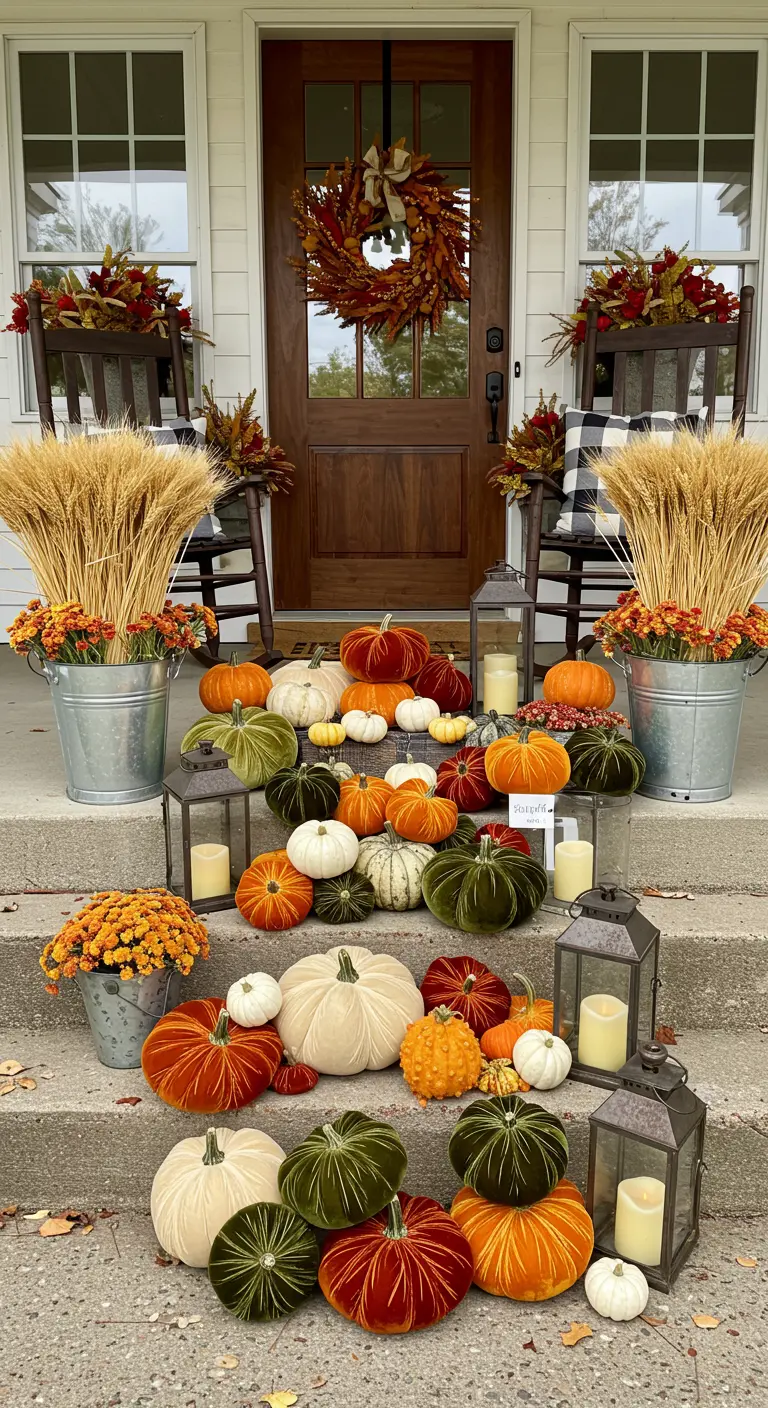 Front porch steps decorated with a cascade of pumpkins, lanterns, and wheat.
