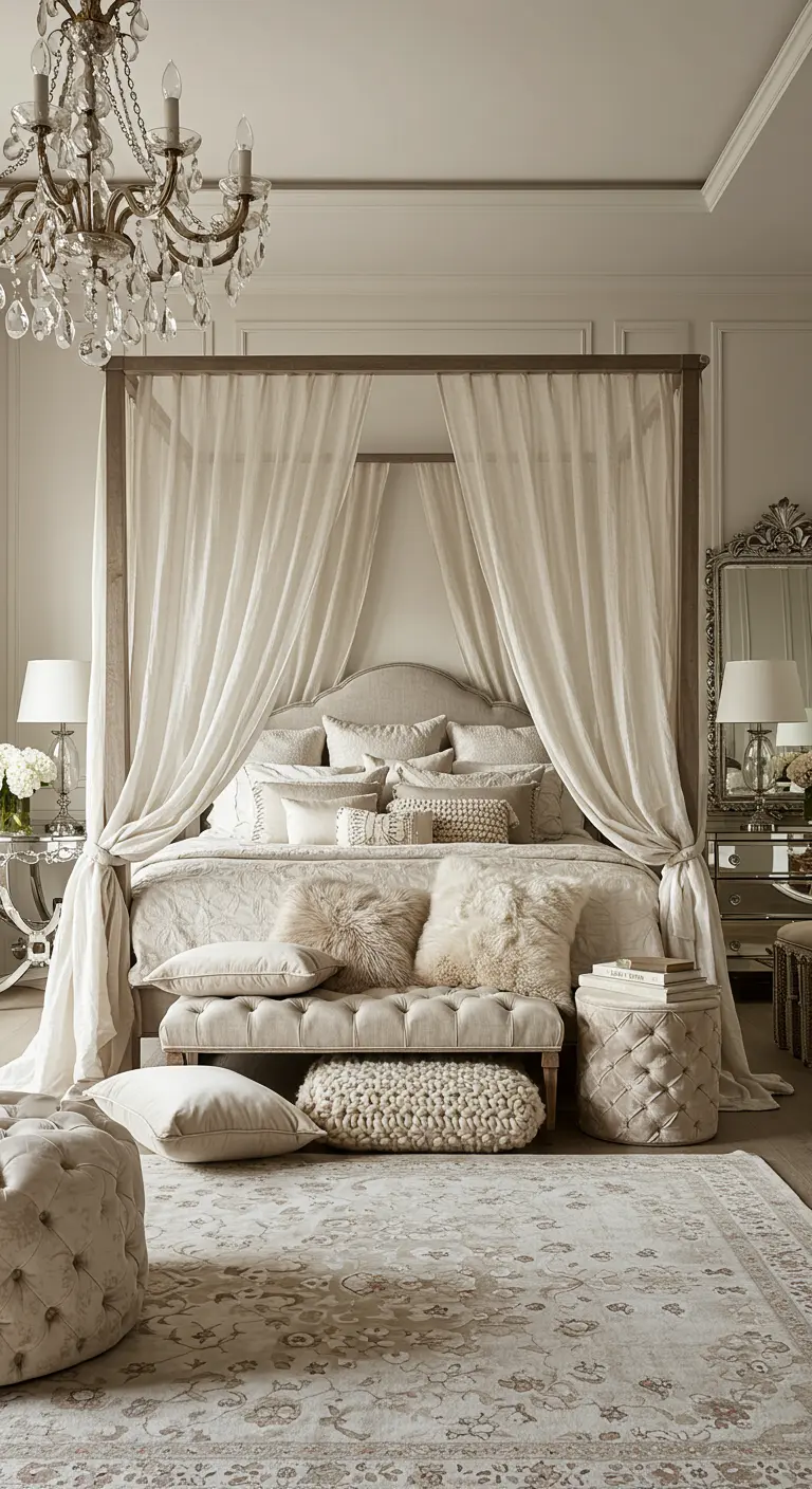 Luxurious canopy bed with full sheer drapes, a crystal chandelier, and plush textiles.