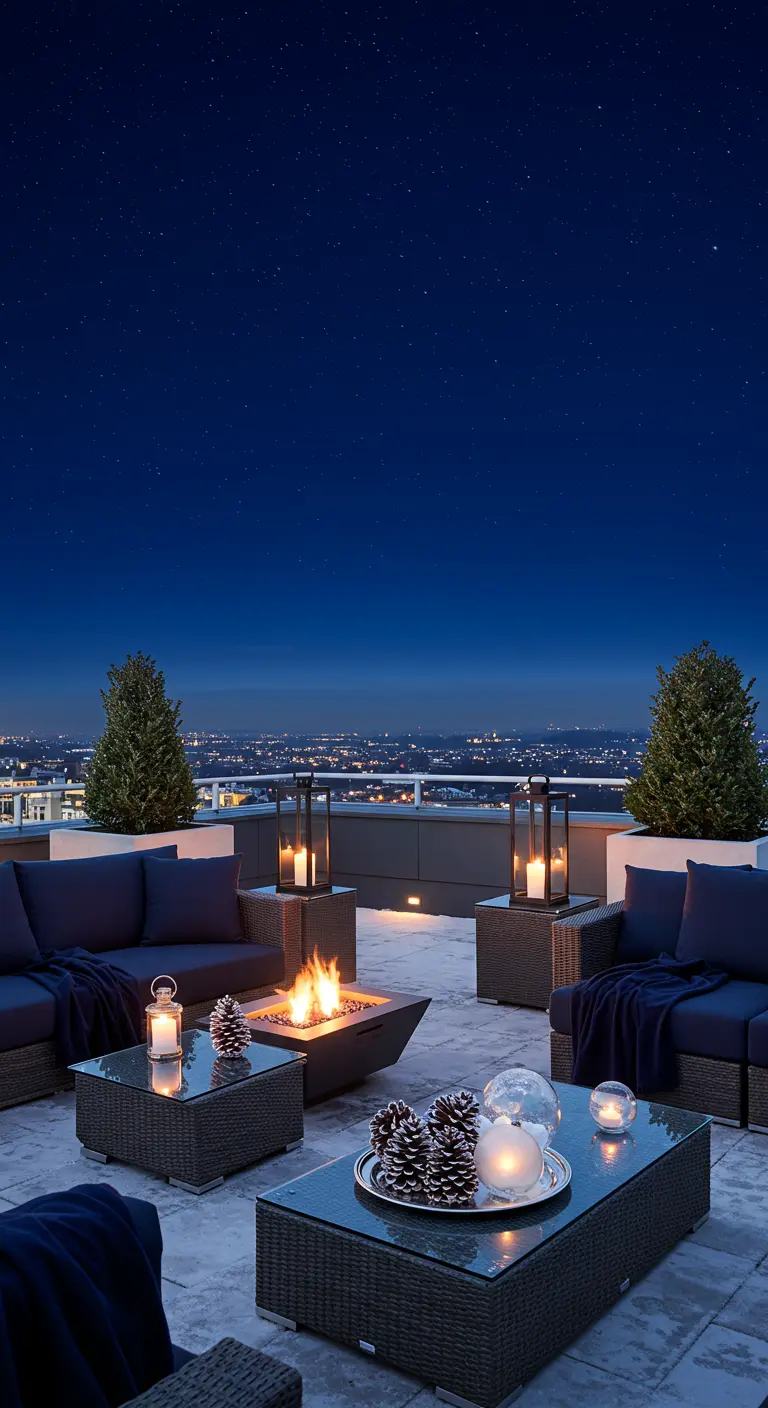 Rooftop terrace at night with a fire pit, modern seating, and a view of city lights.