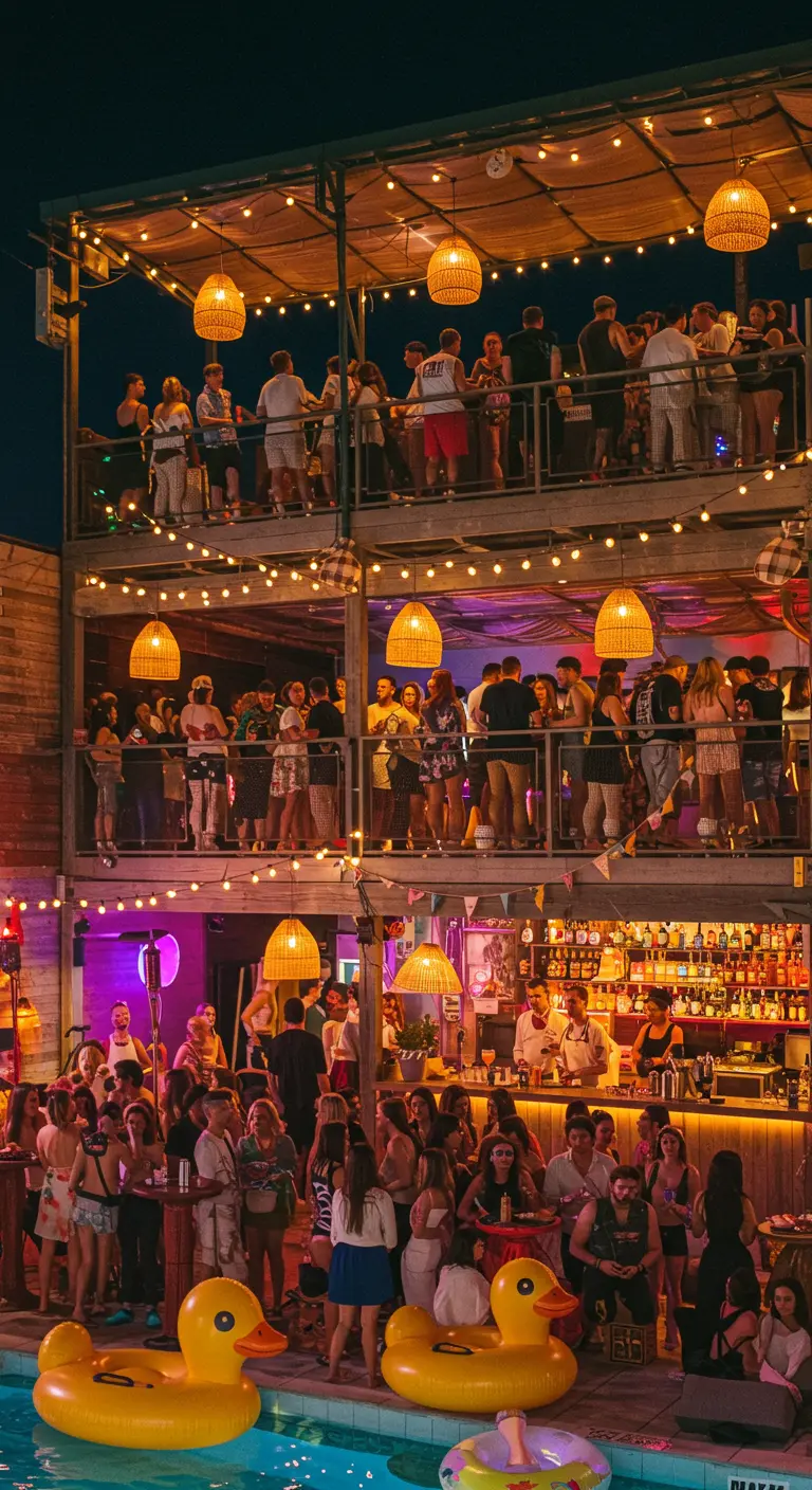 Crowded multi-level rooftop party with rattan lights and rubber ducky pool floats.
