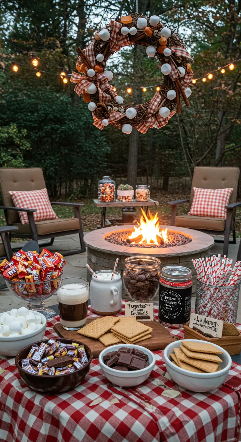 A s'mores bar set up on a table with a fire pit and a marshmallow-themed wreath.