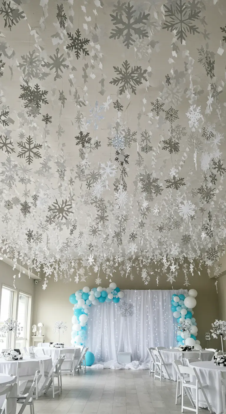 A ceiling entirely covered with a dense canopy of hanging white and silver paper snowflakes.