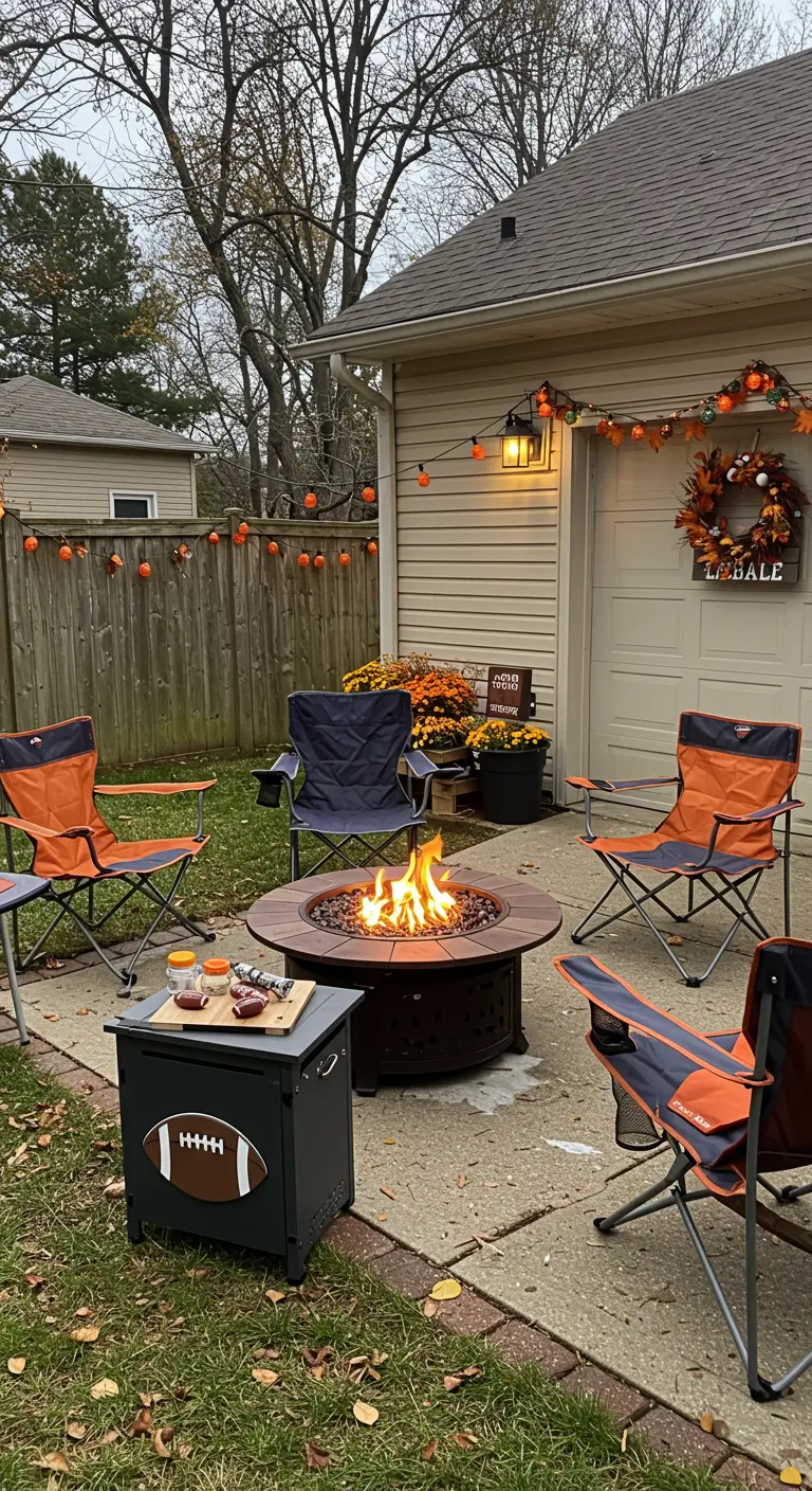 A backyard tailgate party setup with a fire pit, folding chairs, and football-themed decor.