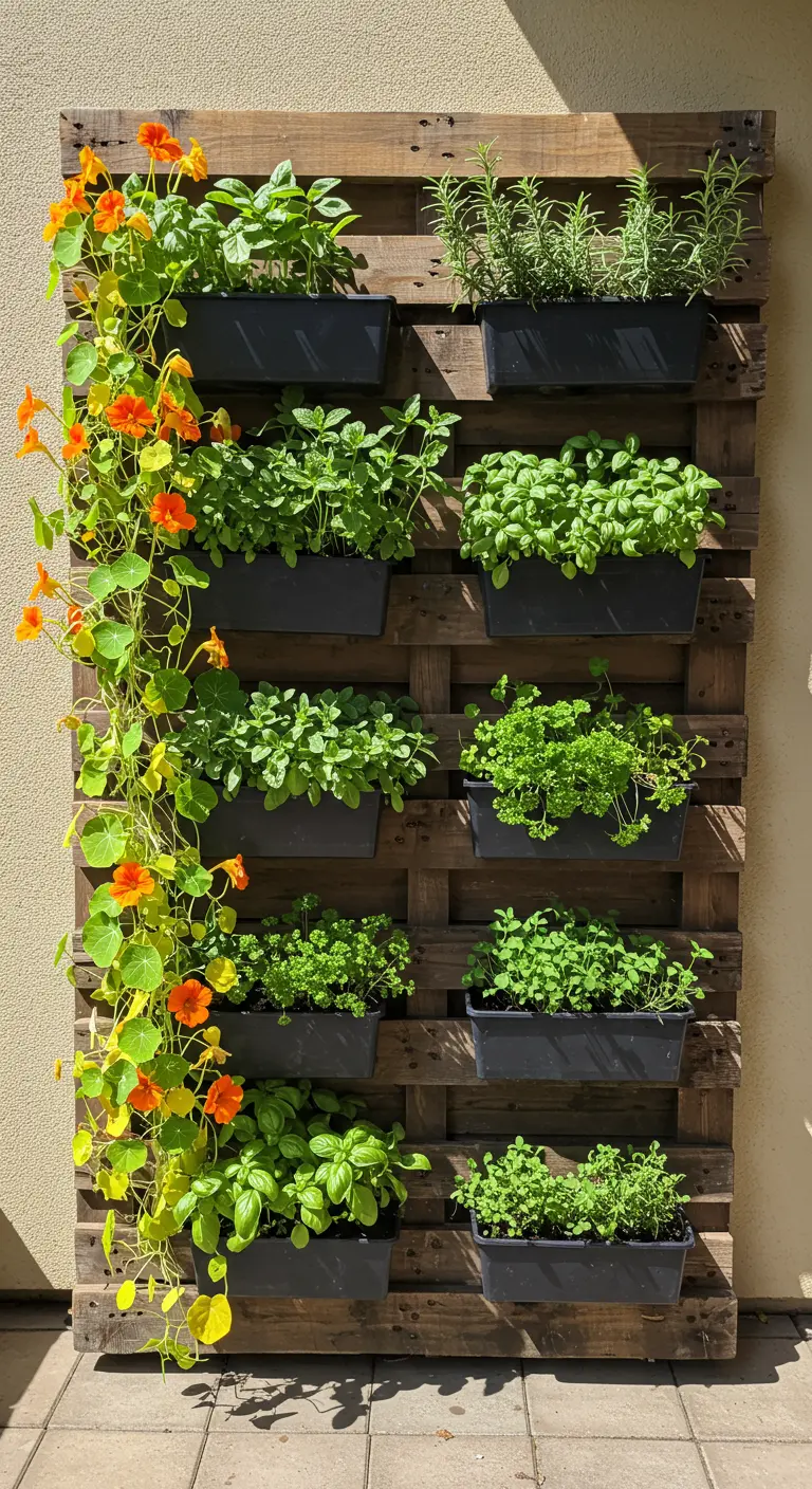 A pallet herb garden with multiple black planter boxes filled with herbs like basil, mint, and rosemary.