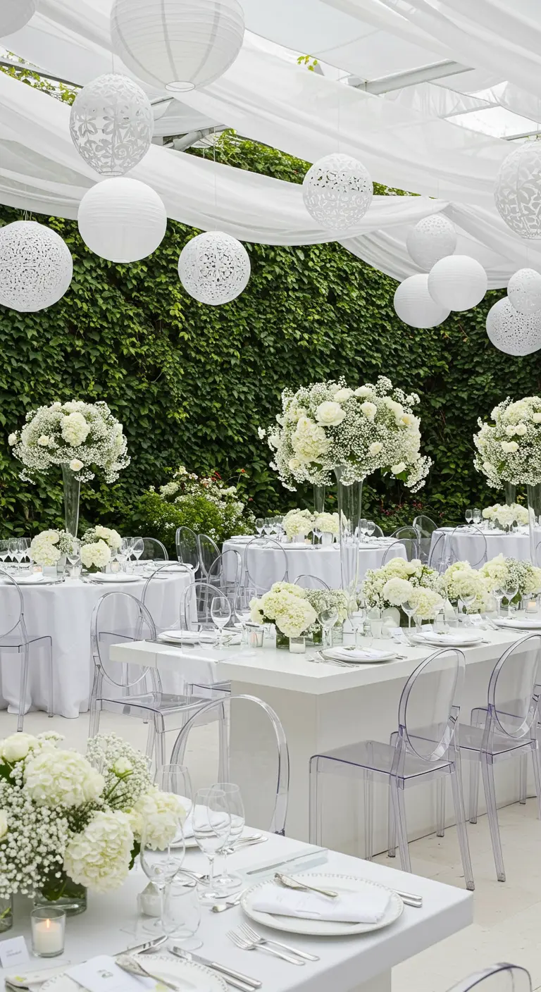 All-white garden party with white lanterns, draping, and baby's breath flowers.