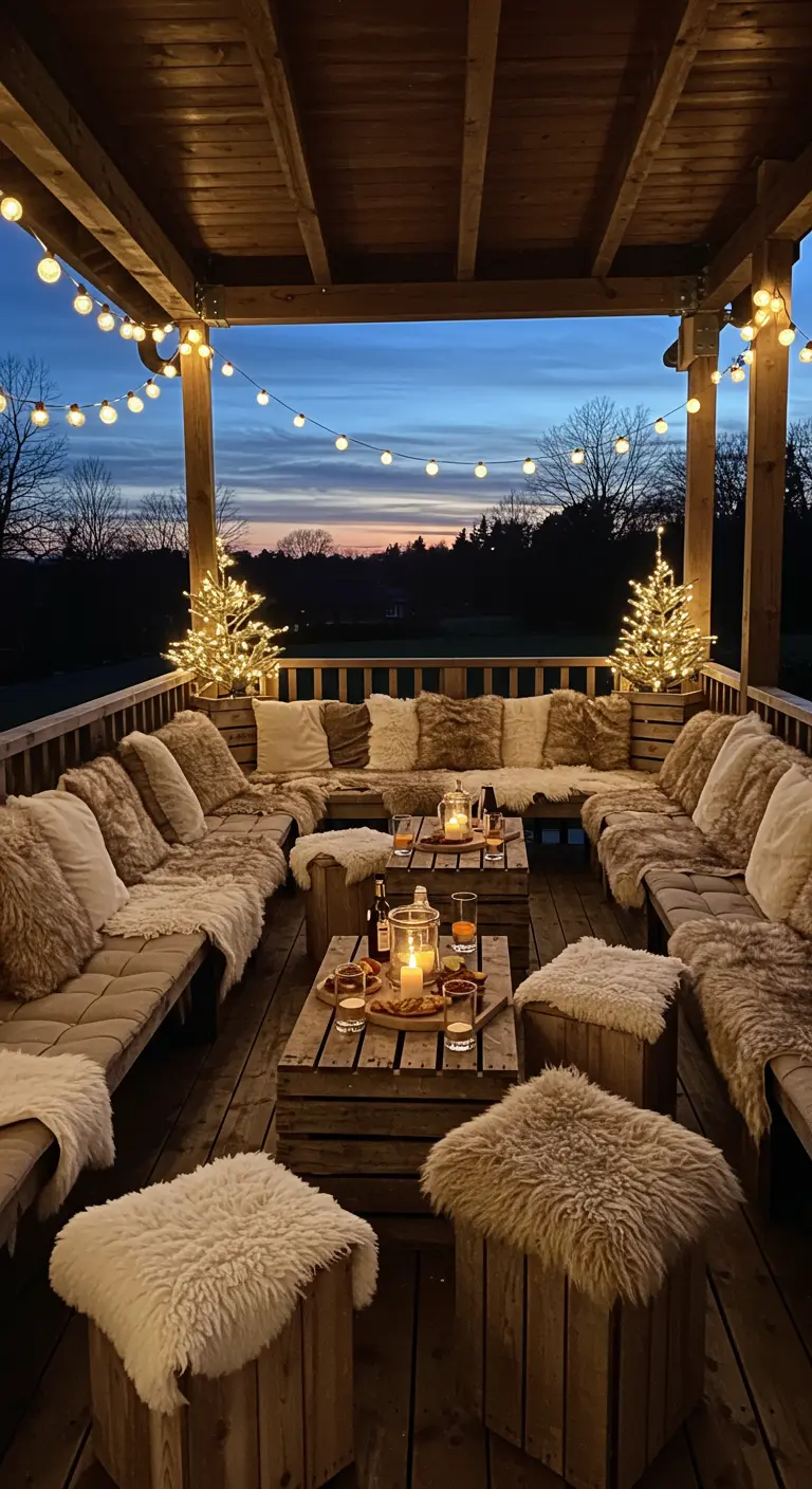 Large patio with bench seating covered in fur throws, lit trees, and crate tables.