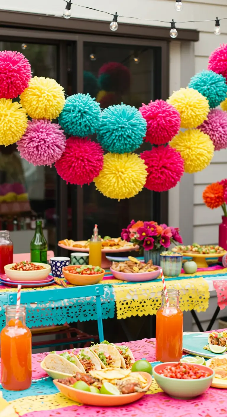 A colorful yarn pom-pom garland over a festive food table