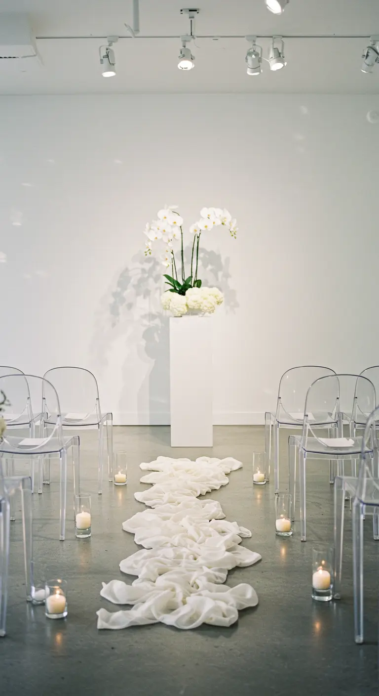 A minimalist wedding aisle with ghost chairs, candles, and a swath of white fabric on the floor.