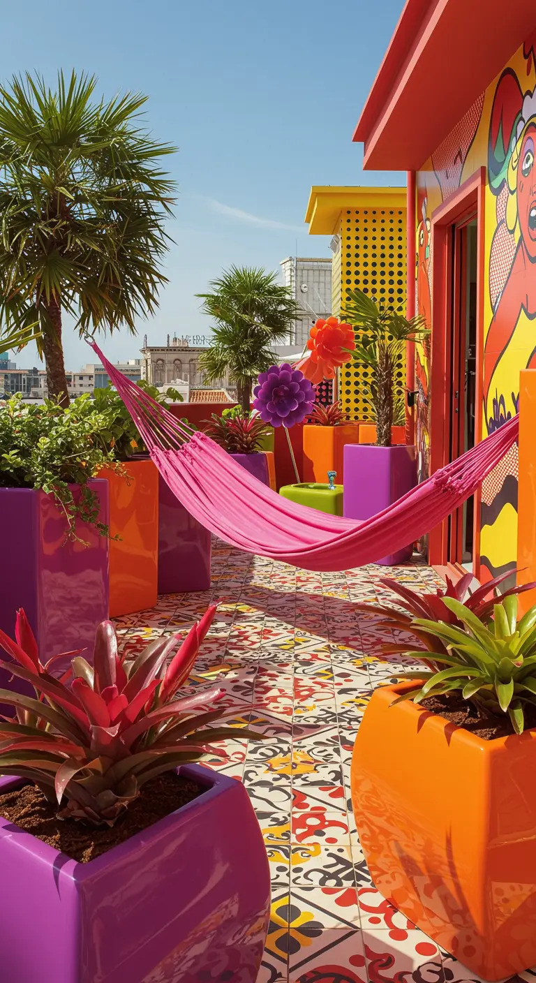 A vibrant terrace with pop art-style tiles, colorful planters, and a bright pink hammock.