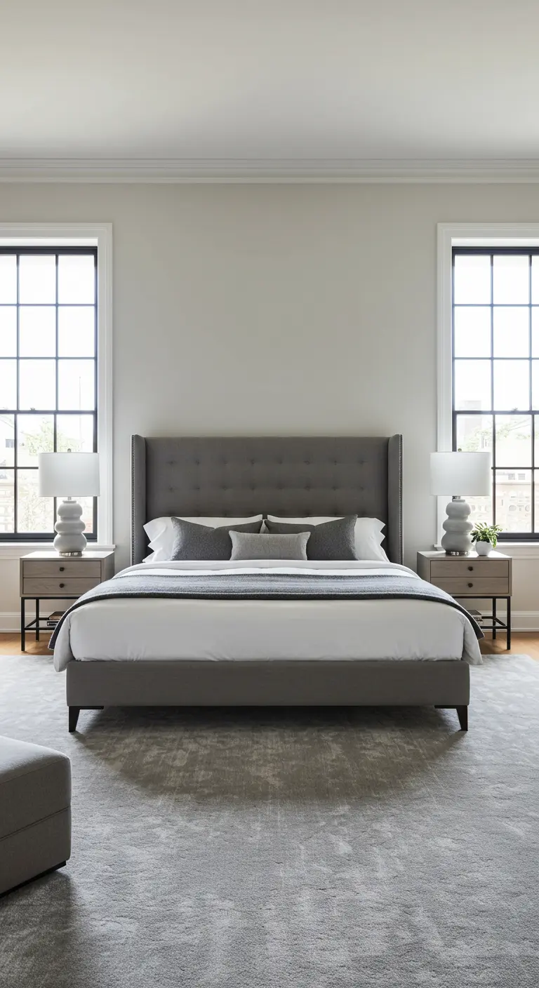 Symmetrical gray bedroom with a tufted headboard flanked by two windows and matching nightstands.