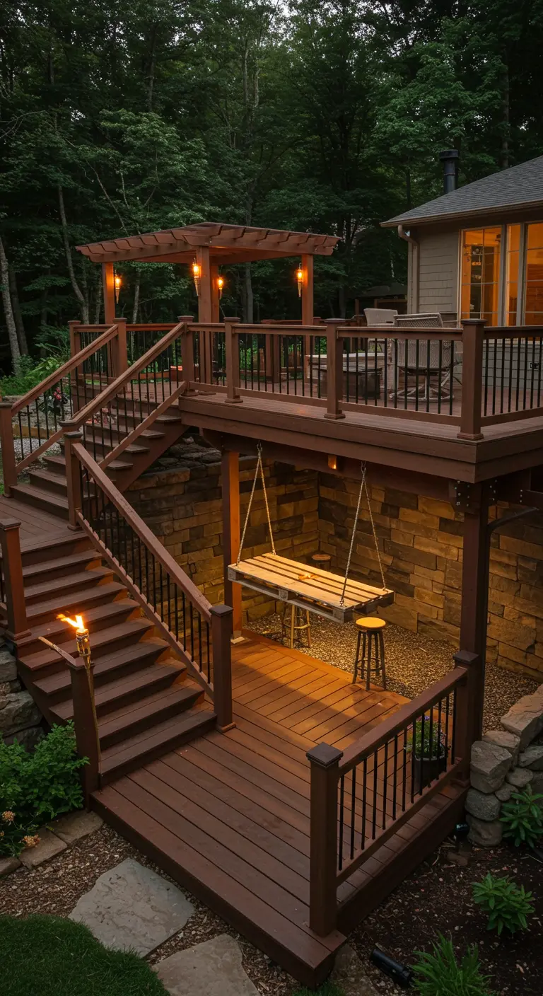 A simple pallet bar hangs in the space under a raised wooden deck, creating a cozy nook.