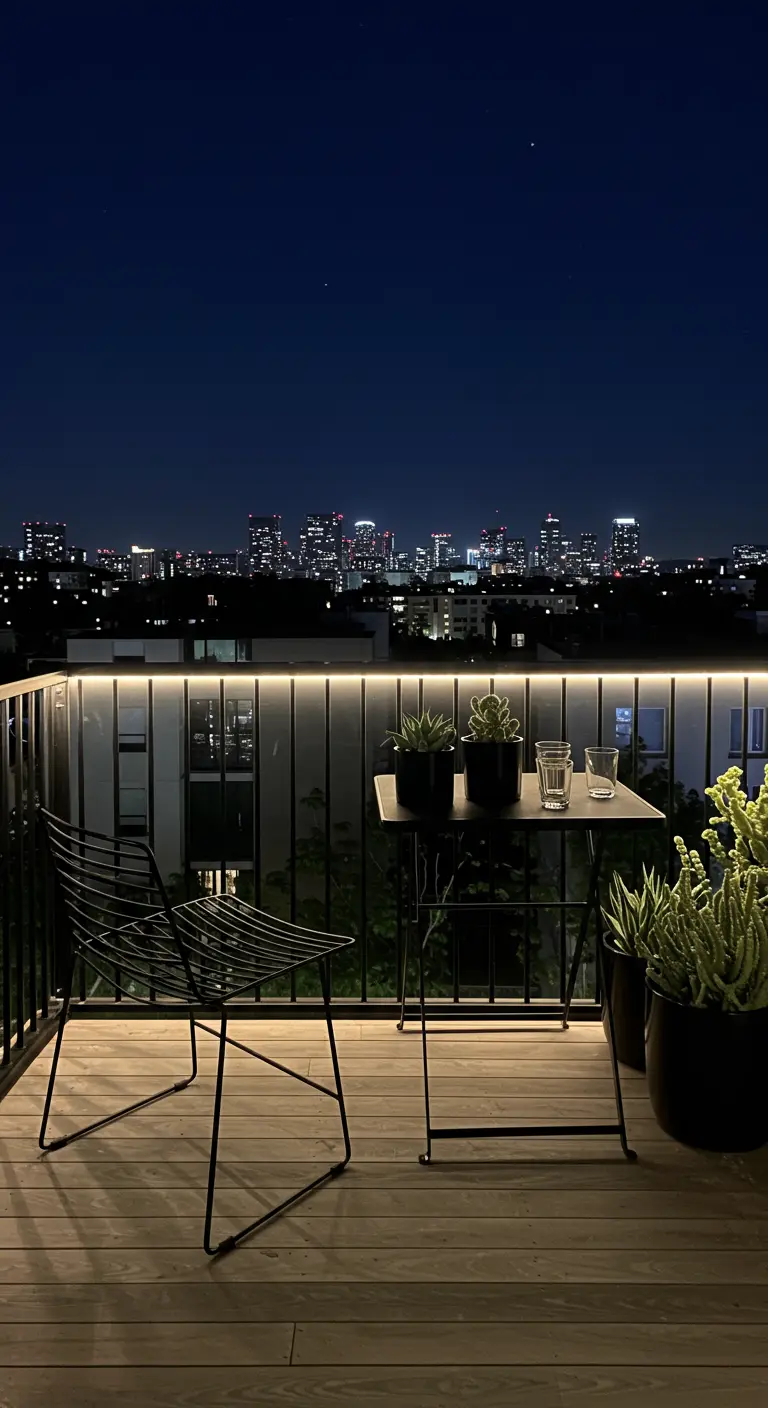 A modern balcony at night with an LED strip light illuminating the floor from under the railing.