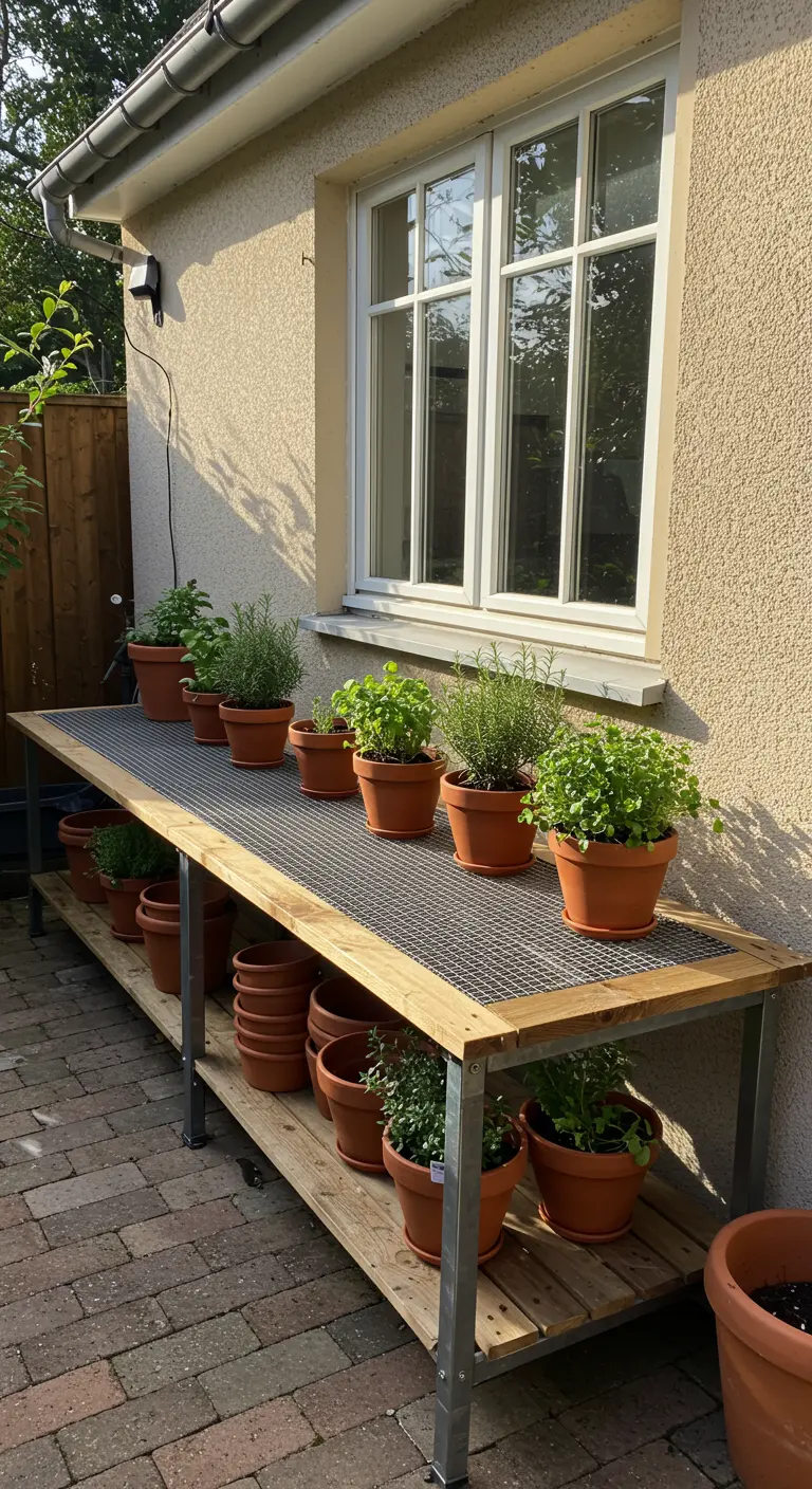 A long, low potting bench with a mesh top under a window, holding a neat row of herb pots.