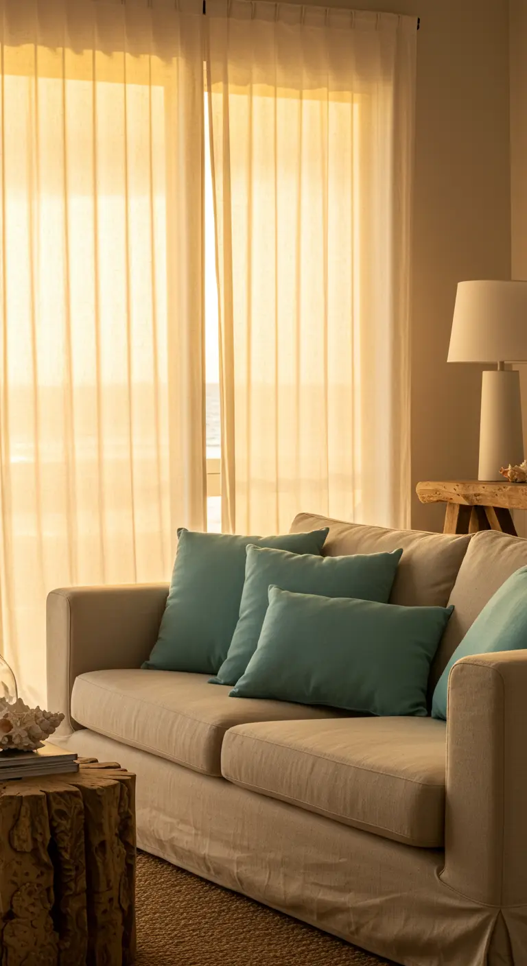 A slipcovered sofa with aqua pillows sits in front of a window with sheer, sunlit curtains.