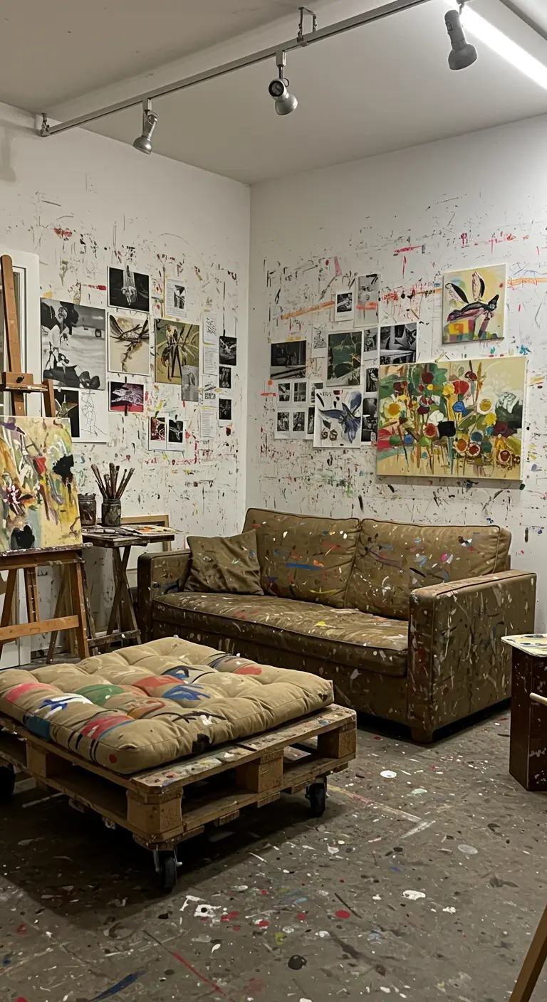 An artist's studio with paint-splattered walls serving as a backdrop for art and a pallet ottoman.