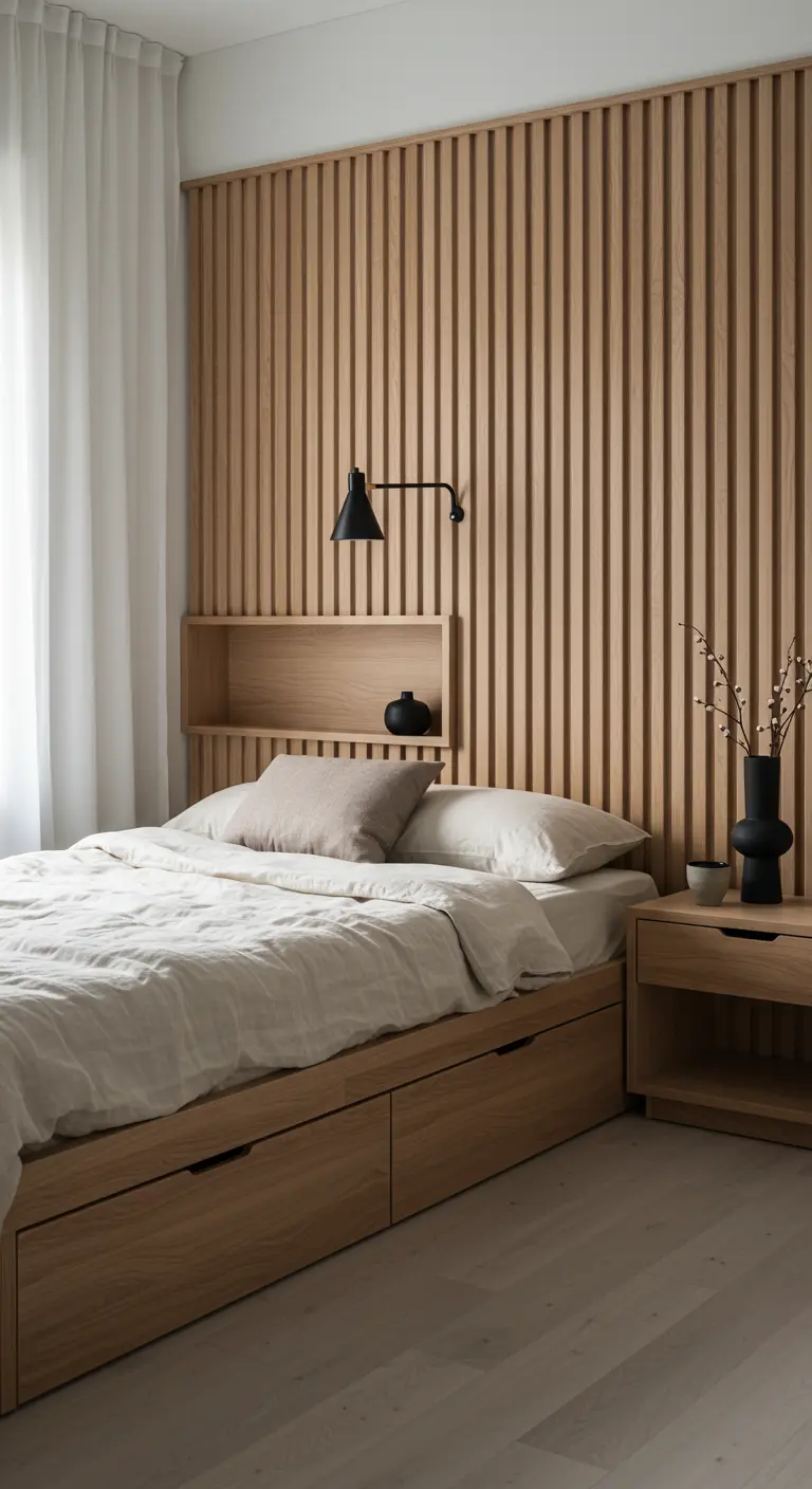 Scandinavian bedroom with a slatted wood headboard wall and built-in storage.