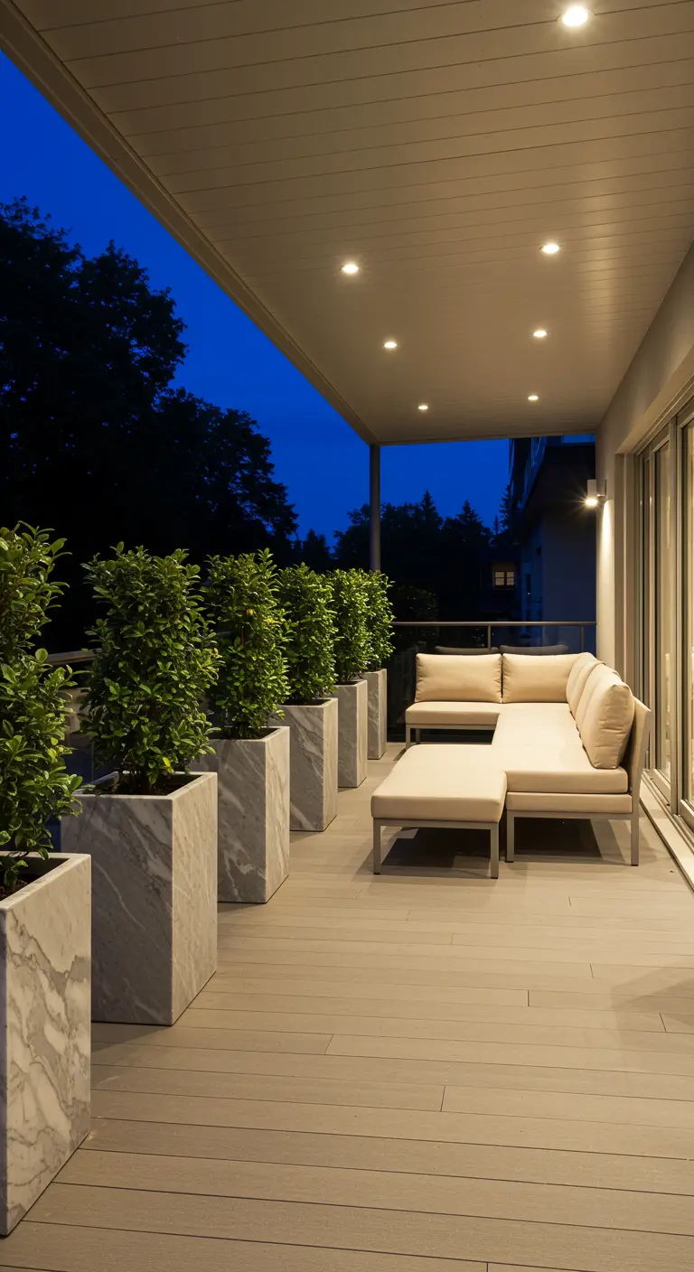 A row of identical marble planters with shrubs lining a modern balcony at night.
