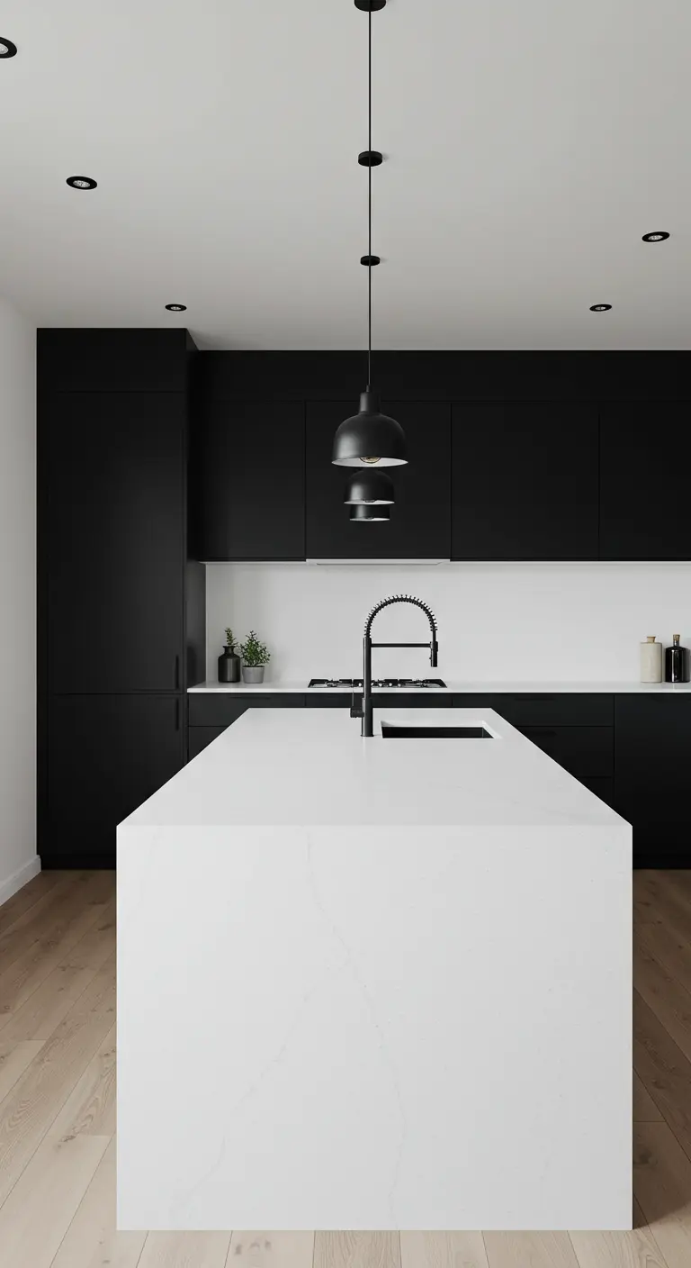 Black and white kitchen with a large white waterfall island and black cabinets.
