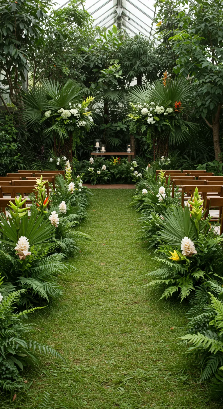A wedding aisle on lush grass lined with ferns, palms, and white and yellow tropical flowers.
