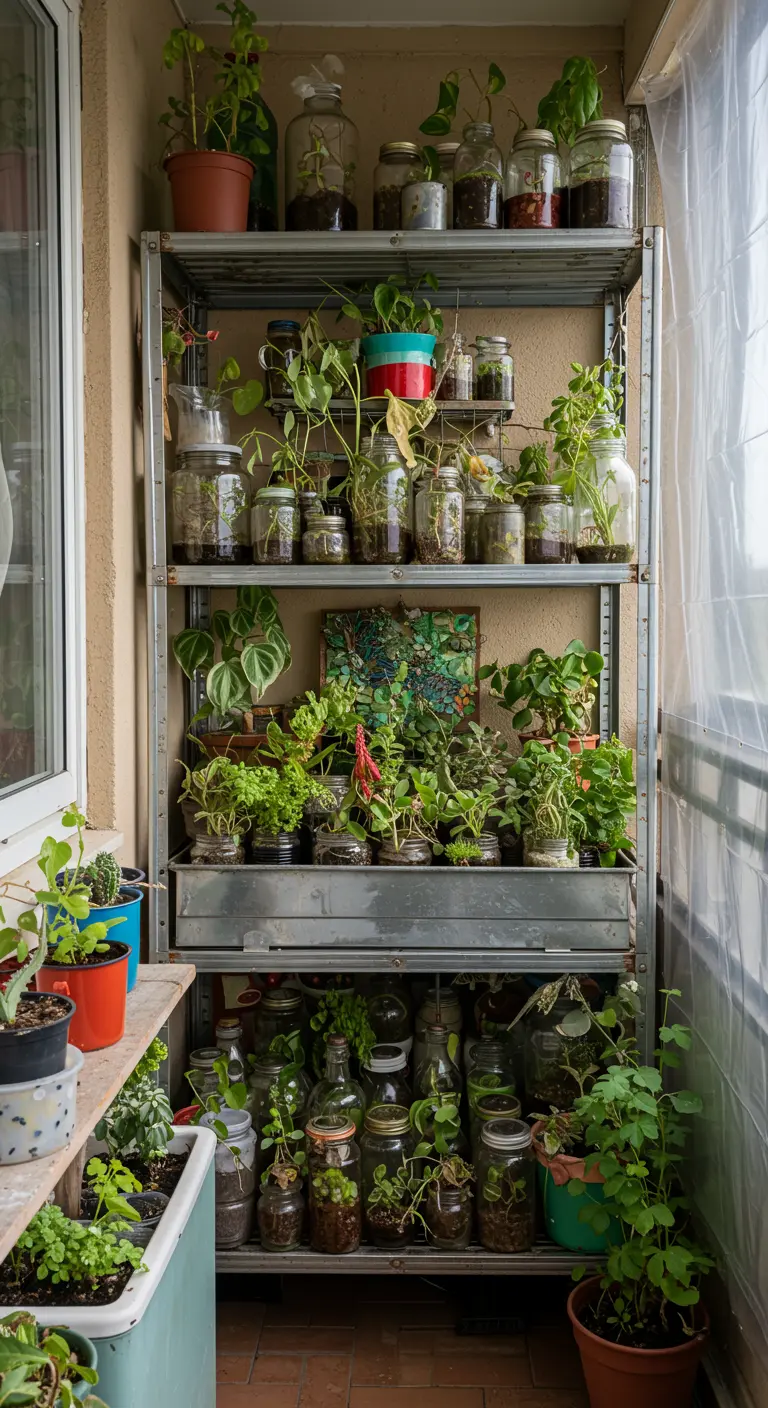 Industrial metal shelves crowded with plants and cuttings propagating in upcycled glass jars.