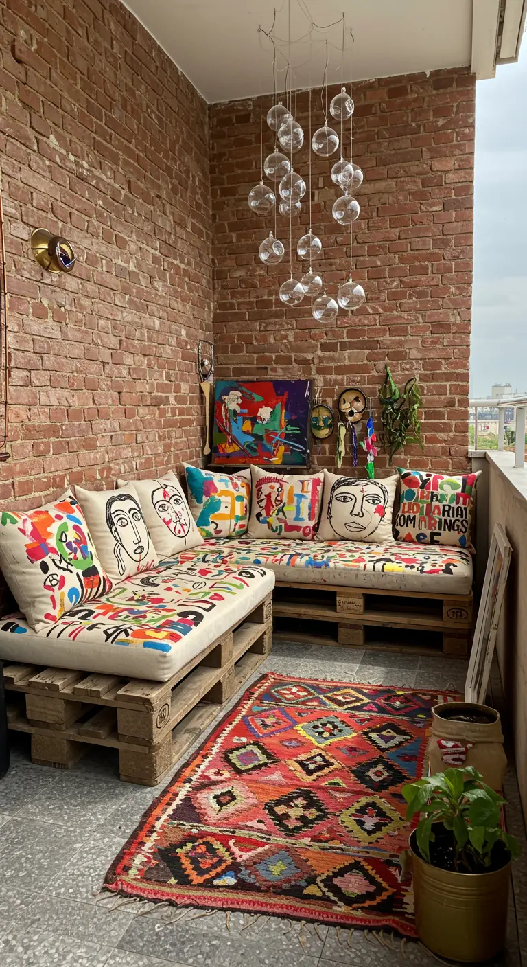 A balcony with a DIY pallet sofa, colorful hand-painted pillows, and a bright geometric rug.