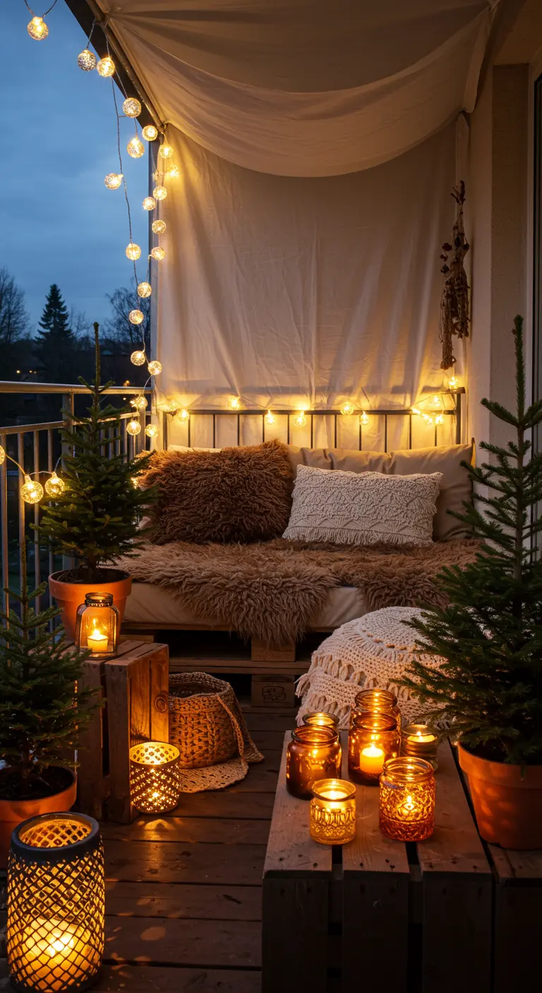 A rustic balcony nook with a pallet bed, faux fur, and many candles in amber jars.