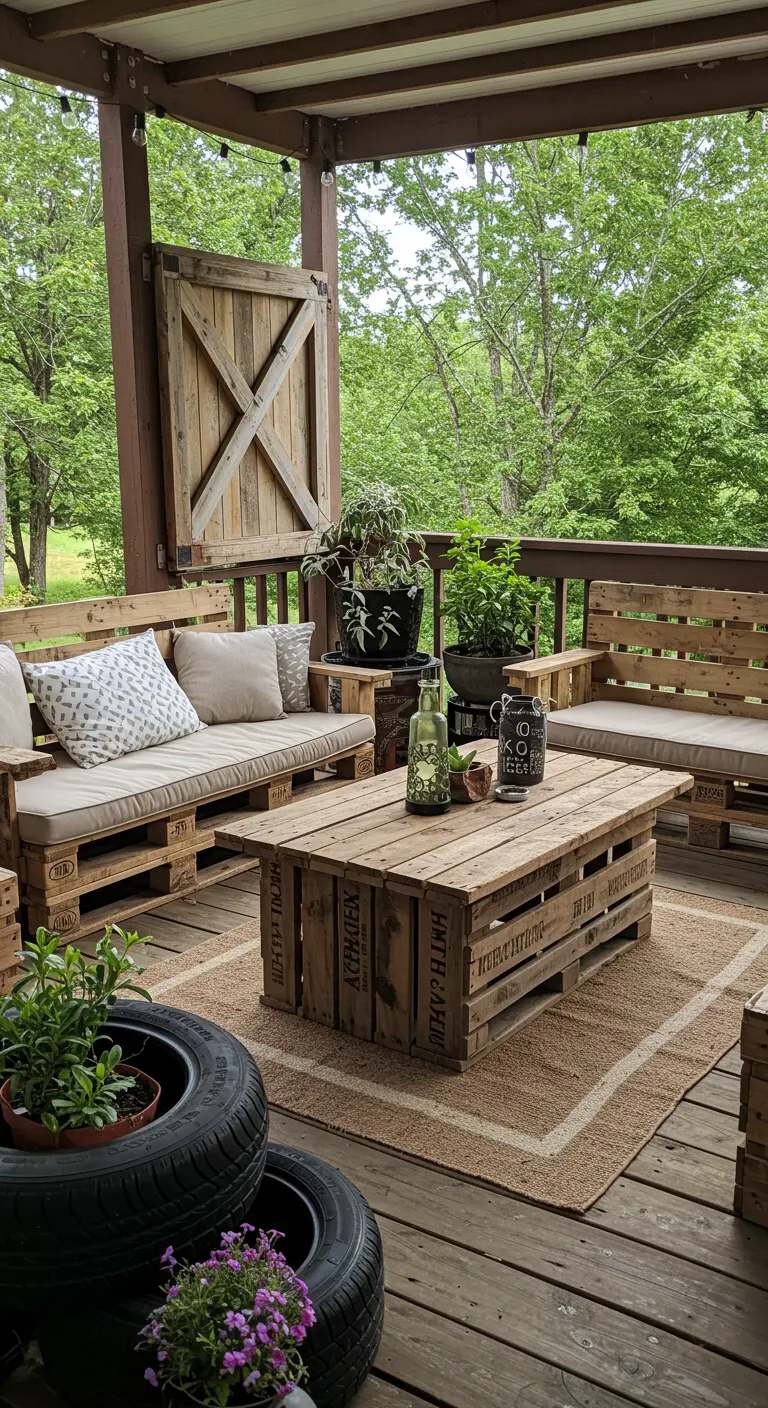 Crate coffee table paired with pallet wood sofas on a rustic deck.