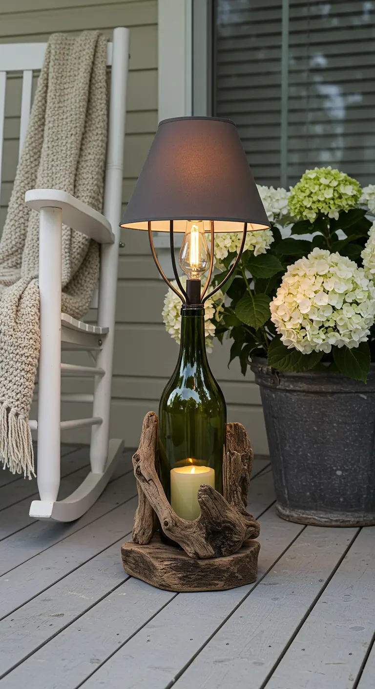 A driftwood and wine bottle lantern that also functions as an electric lamp with a shade.