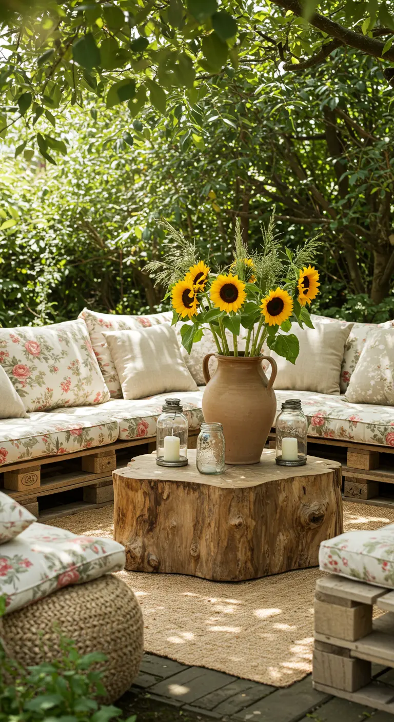 A pallet wood sofa with floral cushions surrounding a tree stump coffee table with sunflowers.