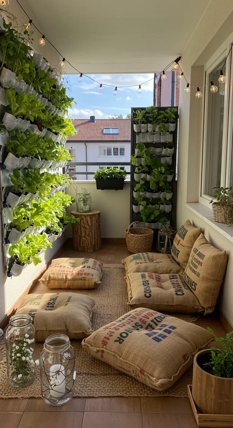 A balcony with a large vertical garden made of plastic bottles and seating from burlap sacks.