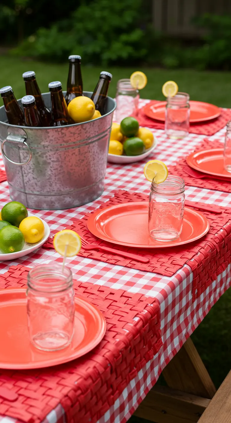A casual backyard BBQ setting with a red gingham theme, a bucket of beer, and mason jars.
