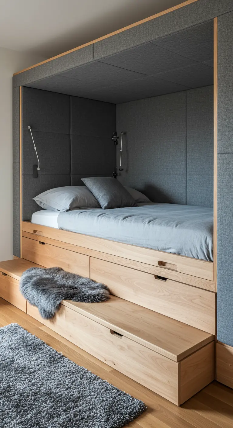 A grey upholstered bed nook with built-in wooden steps and drawers.