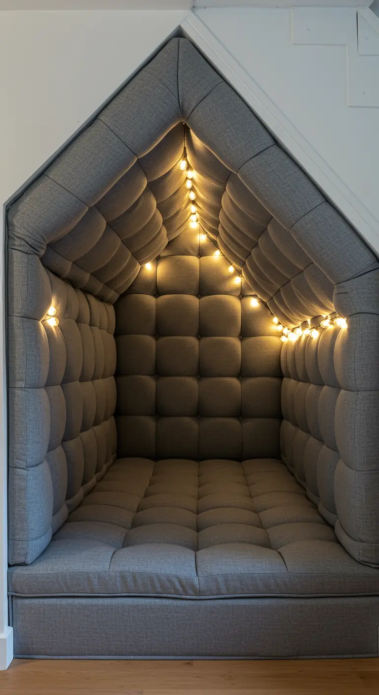 An under-stair nook completely lined with gray tufted upholstery and lit by fairy lights.