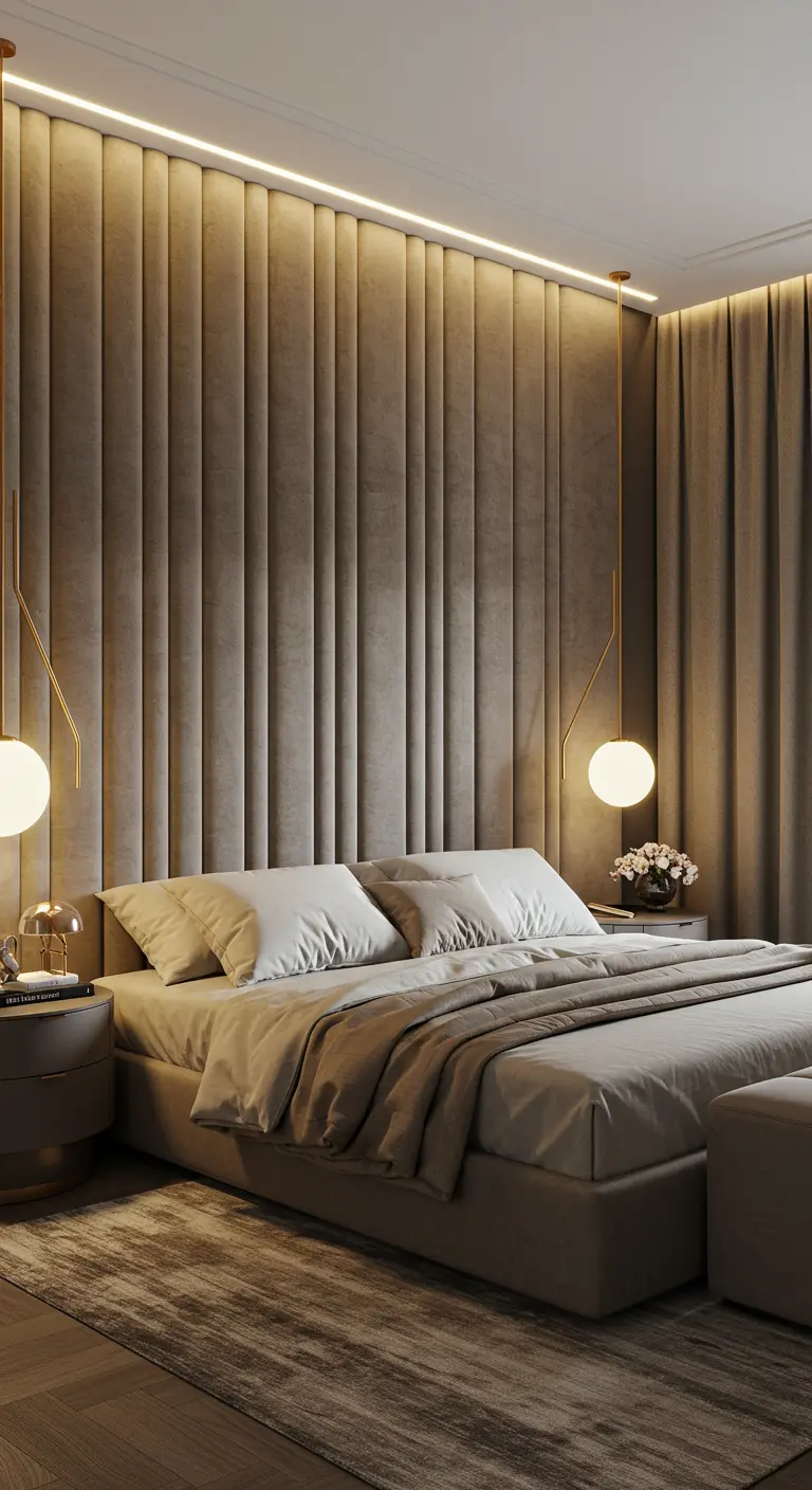 Bedroom with a full-wall taupe upholstered headboard and minimalist hanging gold pendants.