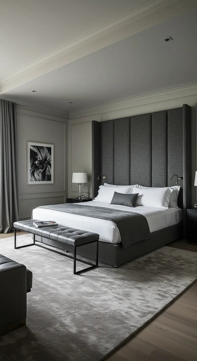 Luxurious gray bedroom with a tall, channel-tufted charcoal headboard and a leather bench.