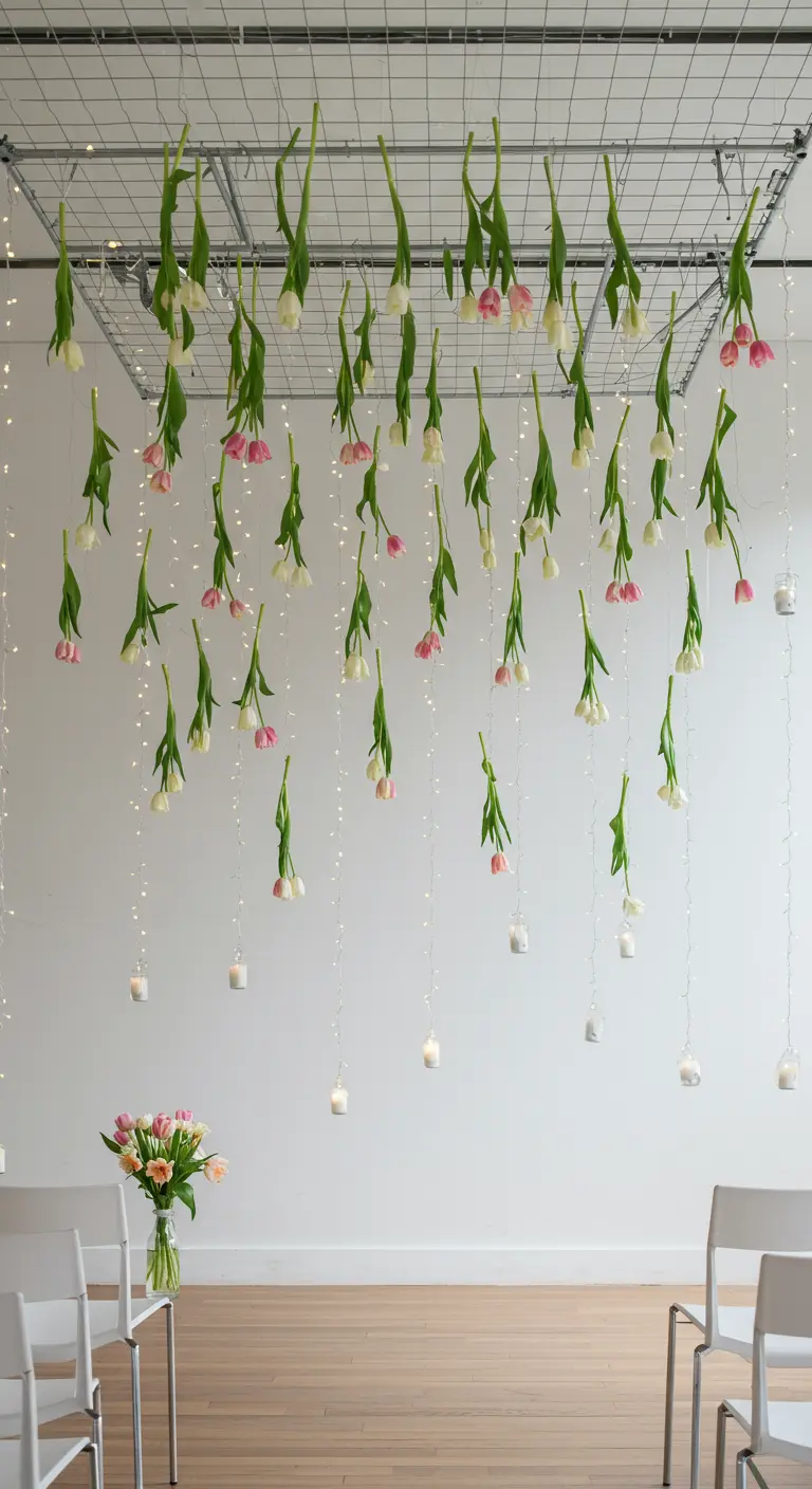 Pink and white tulips hanging upside down from a ceiling grid with fairy lights.