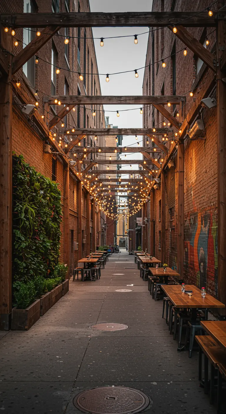 A long, narrow urban alley transformed with a wooden pergola structure and dense string lights.