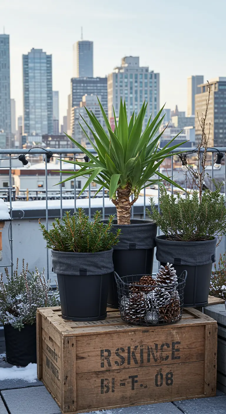 A city rooftop with a large wooden crate, a yucca plant, and other herbs in dark pots.