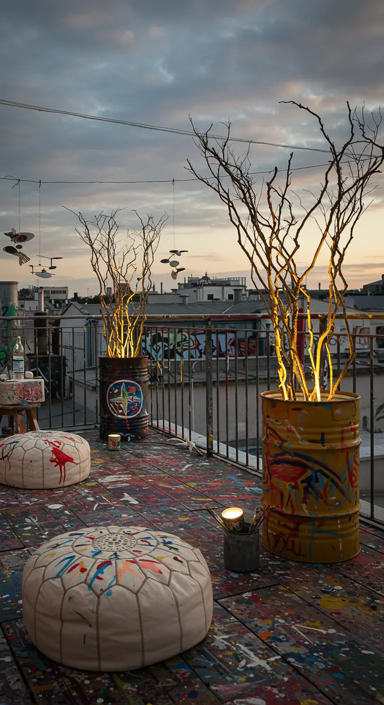 Artsy rooftop with poufs and planters made from painted barrels, on a paint-splattered floor.