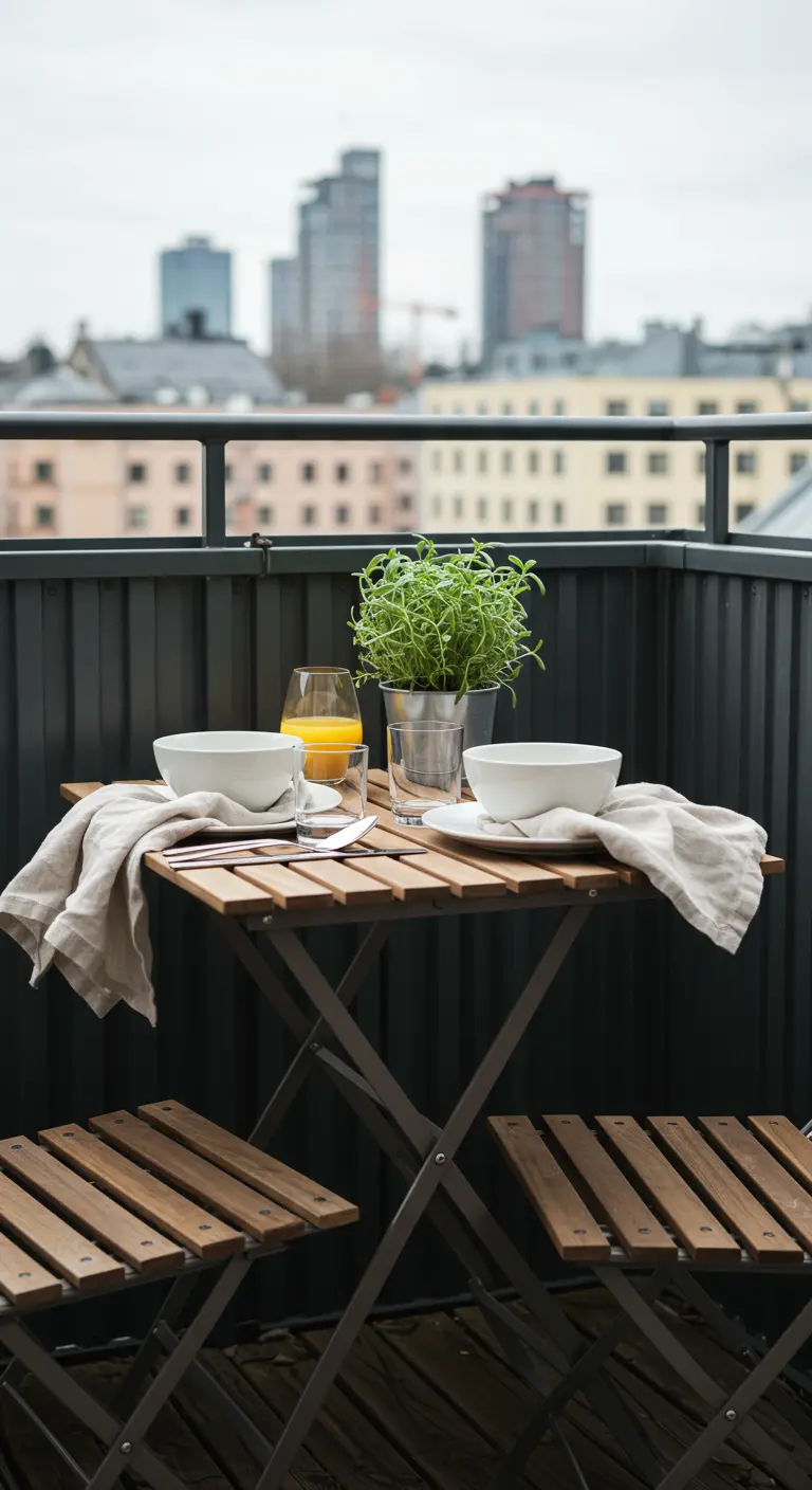 A small balcony bistro table set for two with a potted herb, overlooking a city.