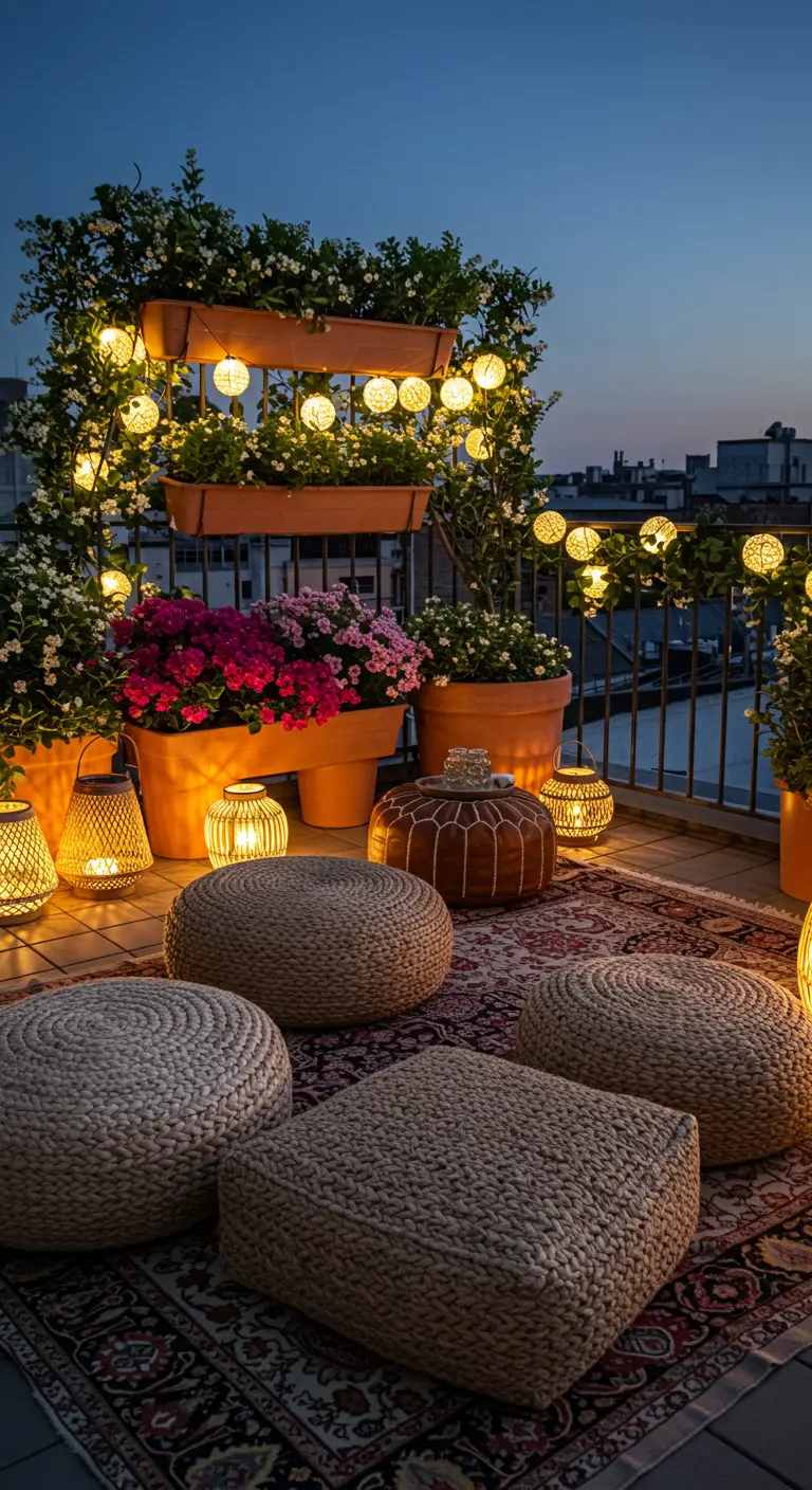 Bohemian rooftop garden with woven poufs, a Persian rug, terracotta pots, and many lanterns.