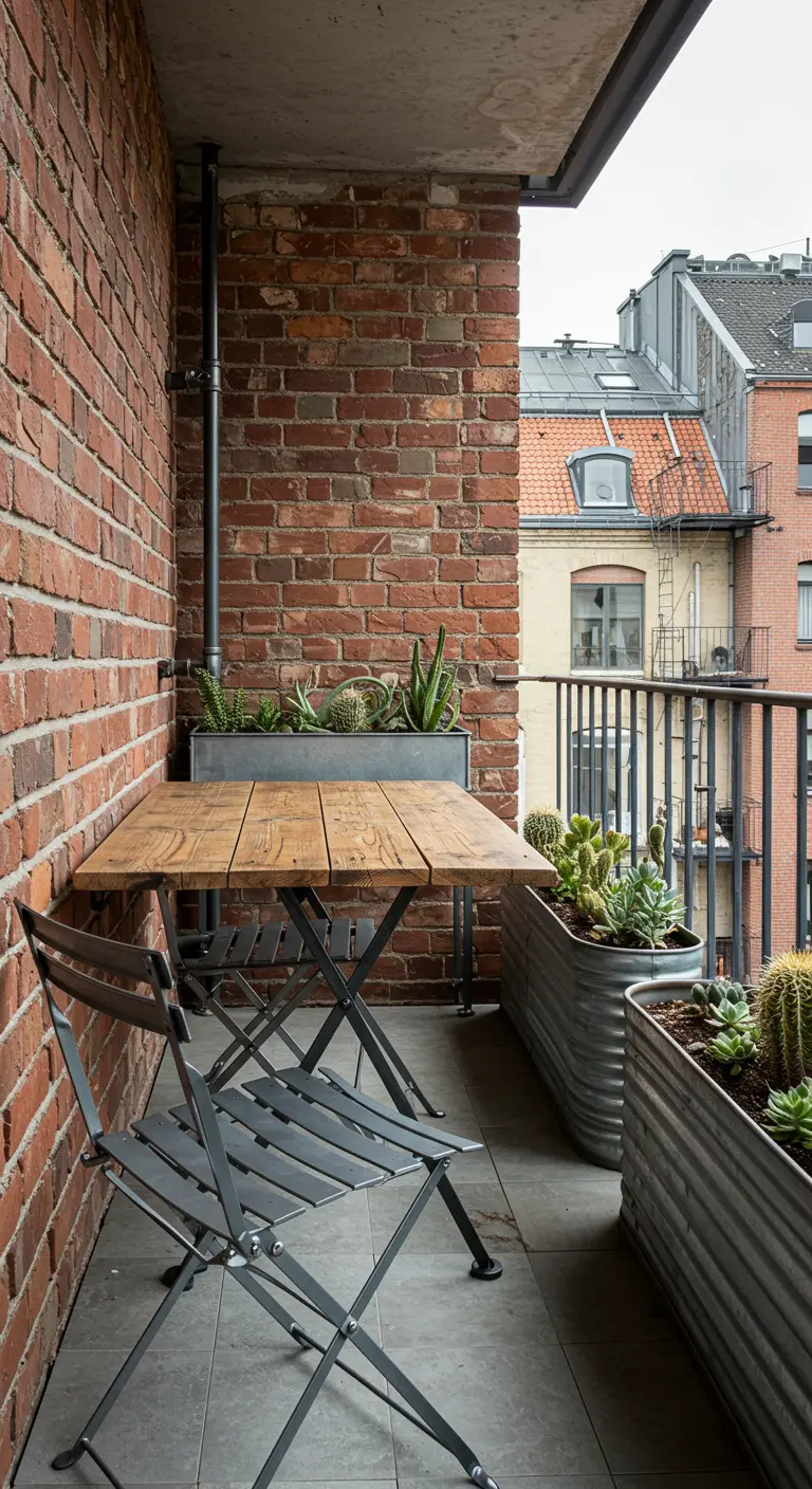 A balcony with an exposed brick wall, galvanized steel planters with cacti, and an industrial-style table.